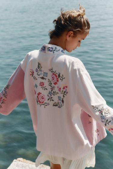 COTTON KAFTAN WITH FLORAL EMBROIDERY - Pink by Zara - Image 4