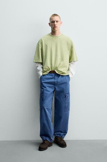 WASHED SLUB KNIT RELAXED FIT T-SHIRT - Green / Blue by Zara