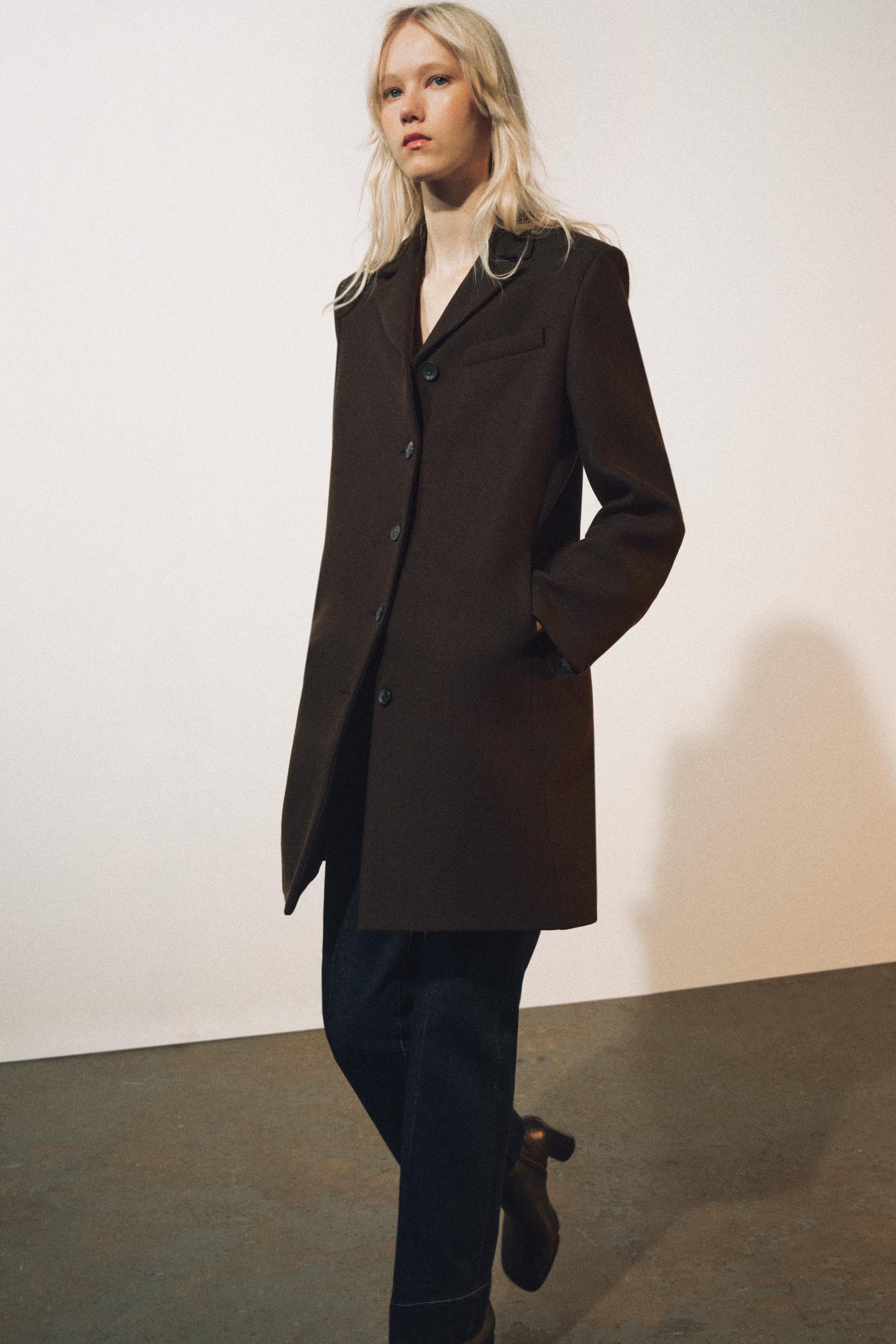 Zw Collection Midi Coat With Wool by Zara
