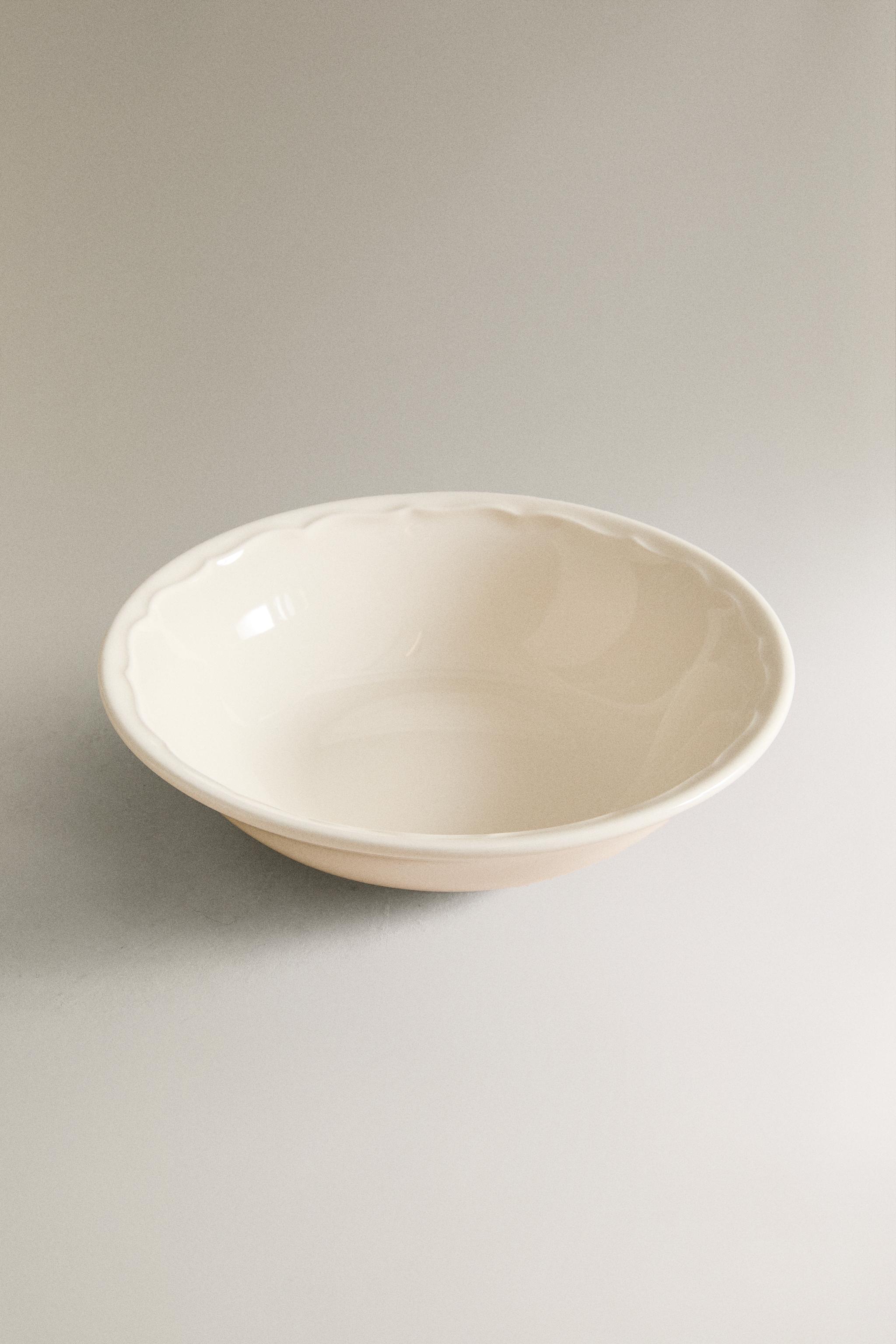 EARTHENWARE BOWL WITH RAISED-DESIGN EDGE — Ecru