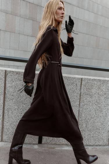 ROBE CHEMISE MI-LONGUE AVEC CEINTURE - Chocolat de Zara - Image 2