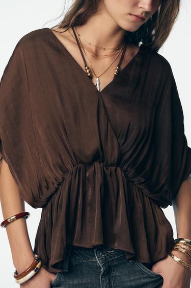 GATHERED SATIN BLOUSE - Brown by Zara - Image 2