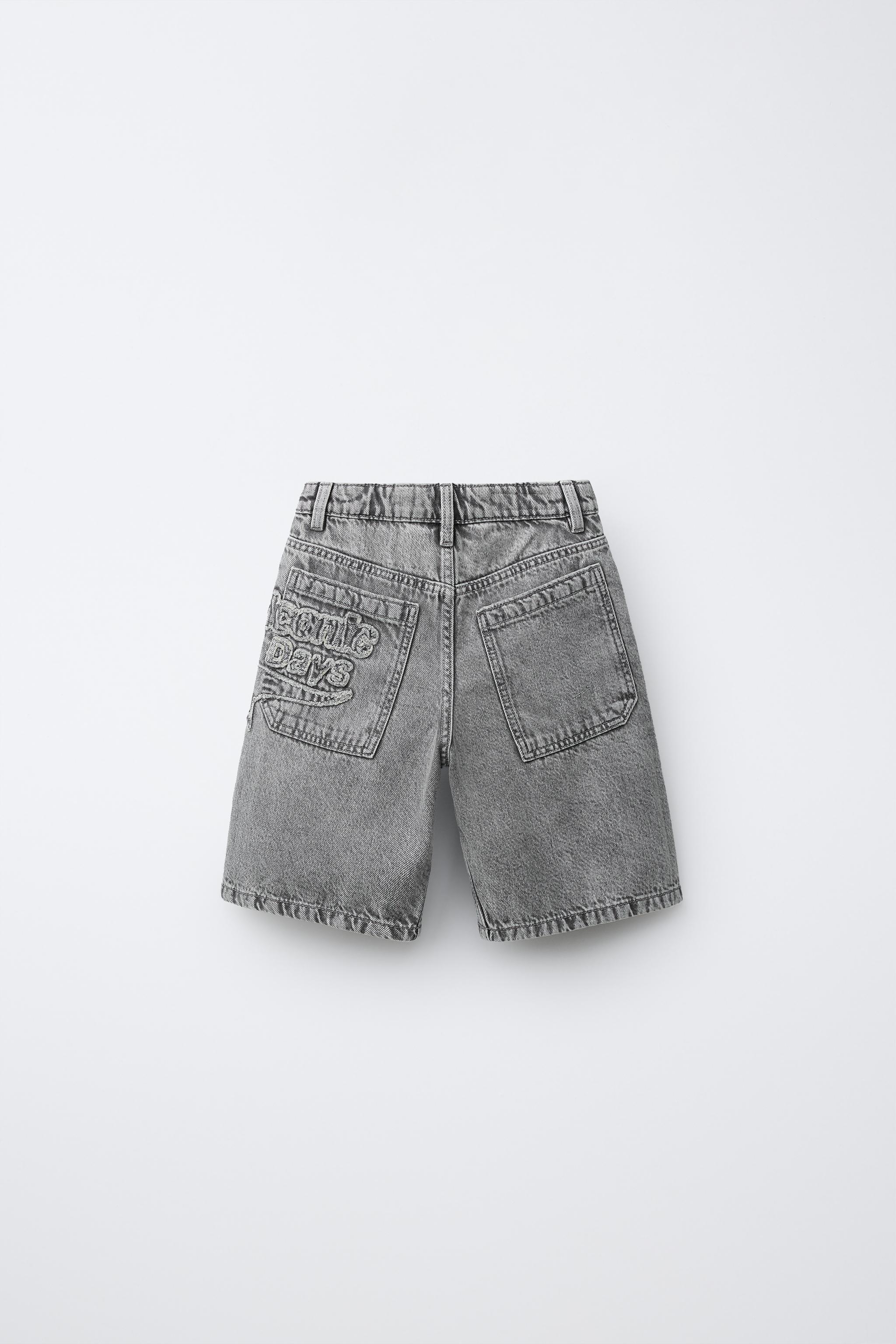DENIM SHORTS WITH STAR AND TEXT - Mid-gray | ZARA United States