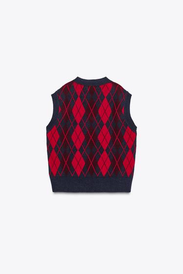 ARGYLE KNIT OVERSIZE WAISTCOAT - red/navy by Zara - Image 6