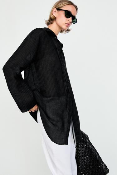 Striped linen blend oversize blouse with button detail — Black 2