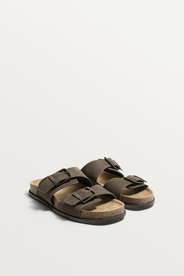 SANDÁLIA DE PELE COM TIRAS - Cinzento-toupeira da Zara