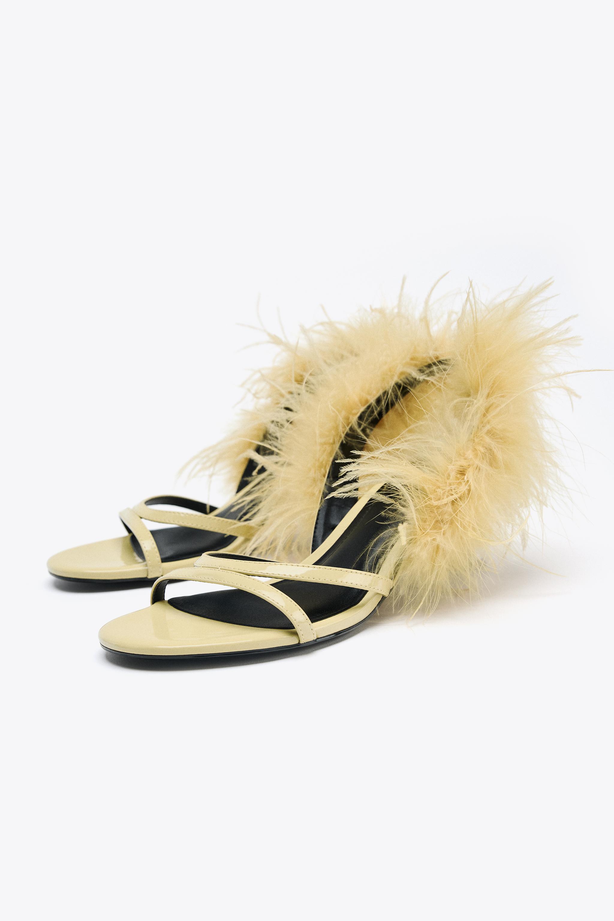 ちりめん Shop Zara FEATHER METALLIC HEELED SANDALS at Beverly Center