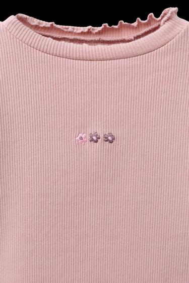 RIBBED T-SHIRT WITH EMBROIDERED DETAIL - Light pink by Zara