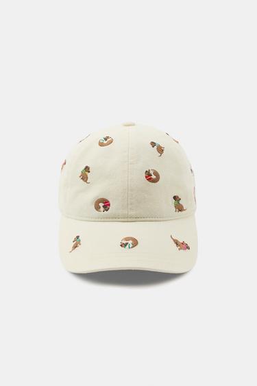 CASQUETTE EN SERGÉ AVEC CHIENS BRODÉS - Écru de Zara