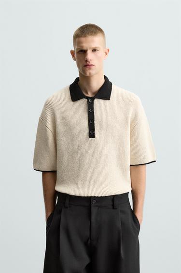 CONTRAST TEXTURED KNIT POLO SHIRT - Ecru by Zara