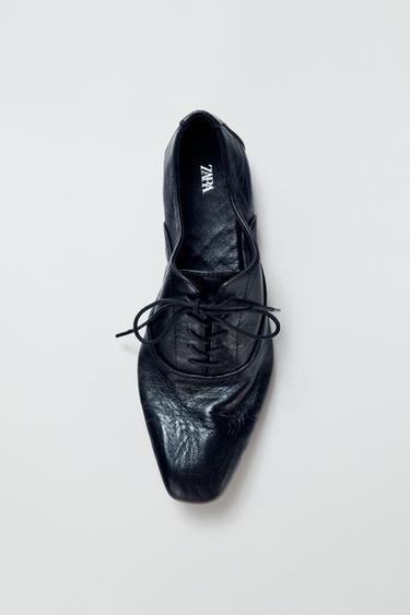 FLAT LEATHER LACE-UP SHOES - Black by Zara