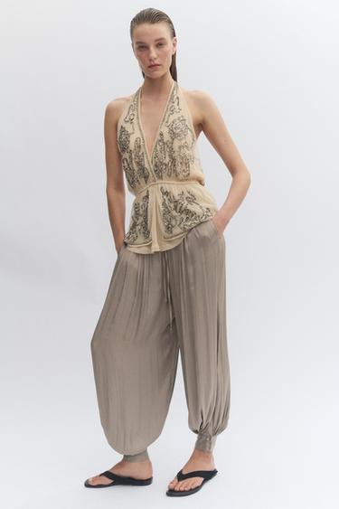 ZW COLLECTION LIMITED EDITION EMBROIDERED HALTER TOP - Beige by Zara