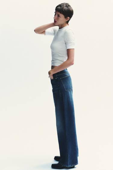 JEANS TRF WIDE LEG بخصر متصالب وسرج عالٍ - بحري الخاص بـ Zara