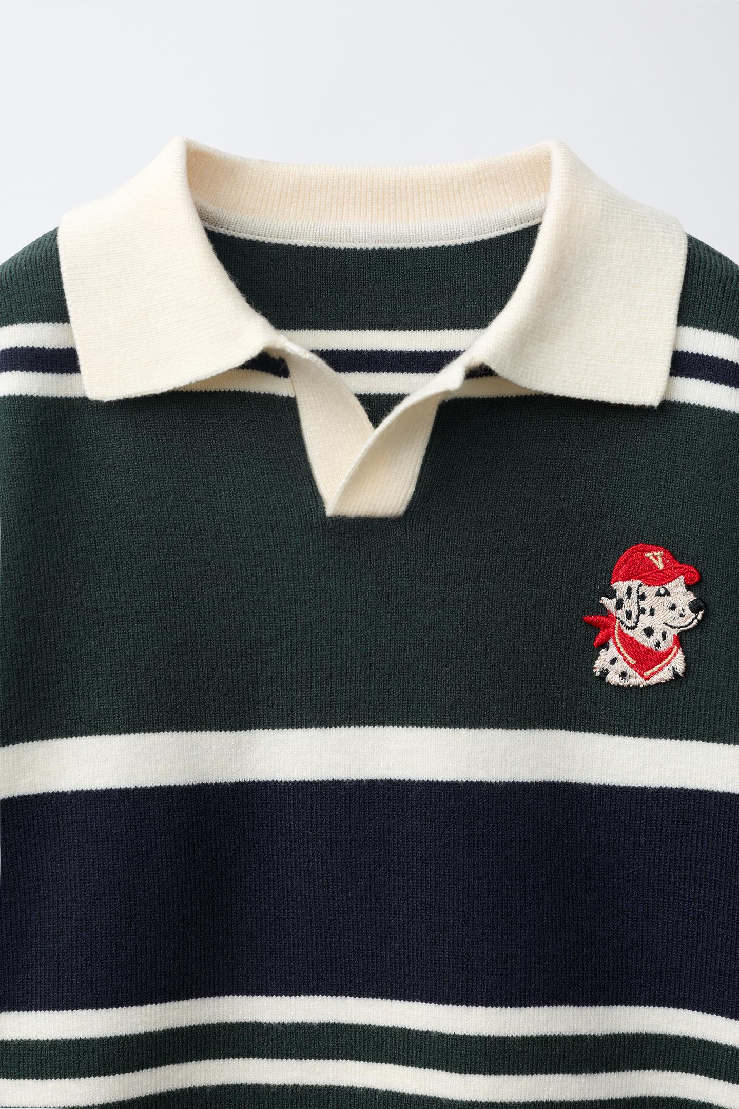 Детский свитер Zara Embroidered Striped Knit Polo, цвет: Серый зелёный — фото 3
