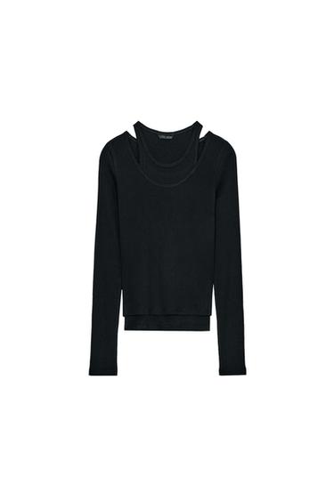 더블 리브드 티셔츠 - Zara 블랙