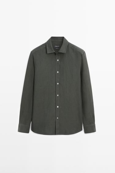 Zara Garment-dyed 100% linen regular fit shirt - Green
