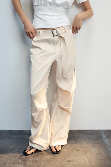 SATIN CARGO TROUSERS WITH BELT - Ecru by Zara