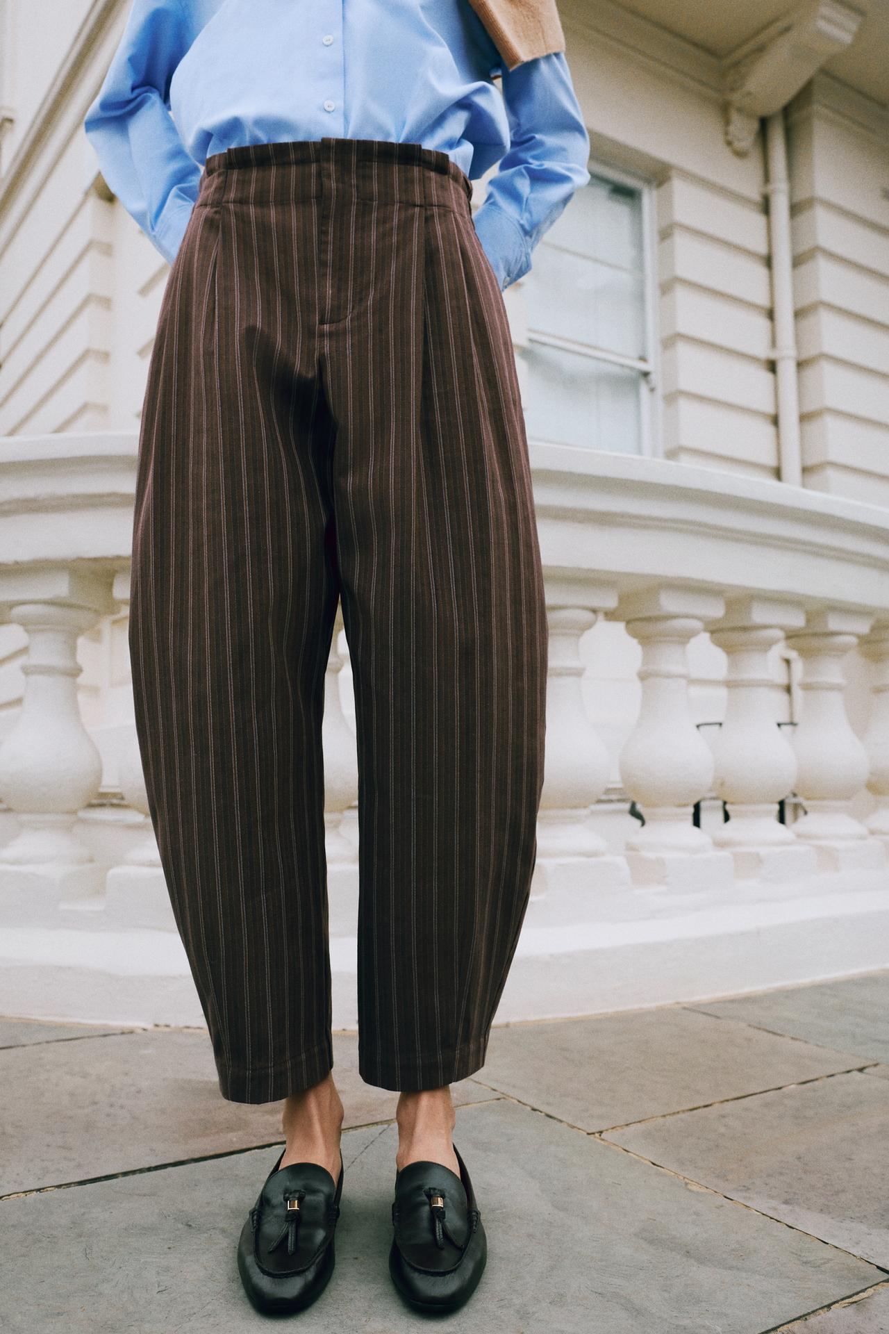 STRIPED PAPERBAG BALLOON PANTS — Brown-Blue