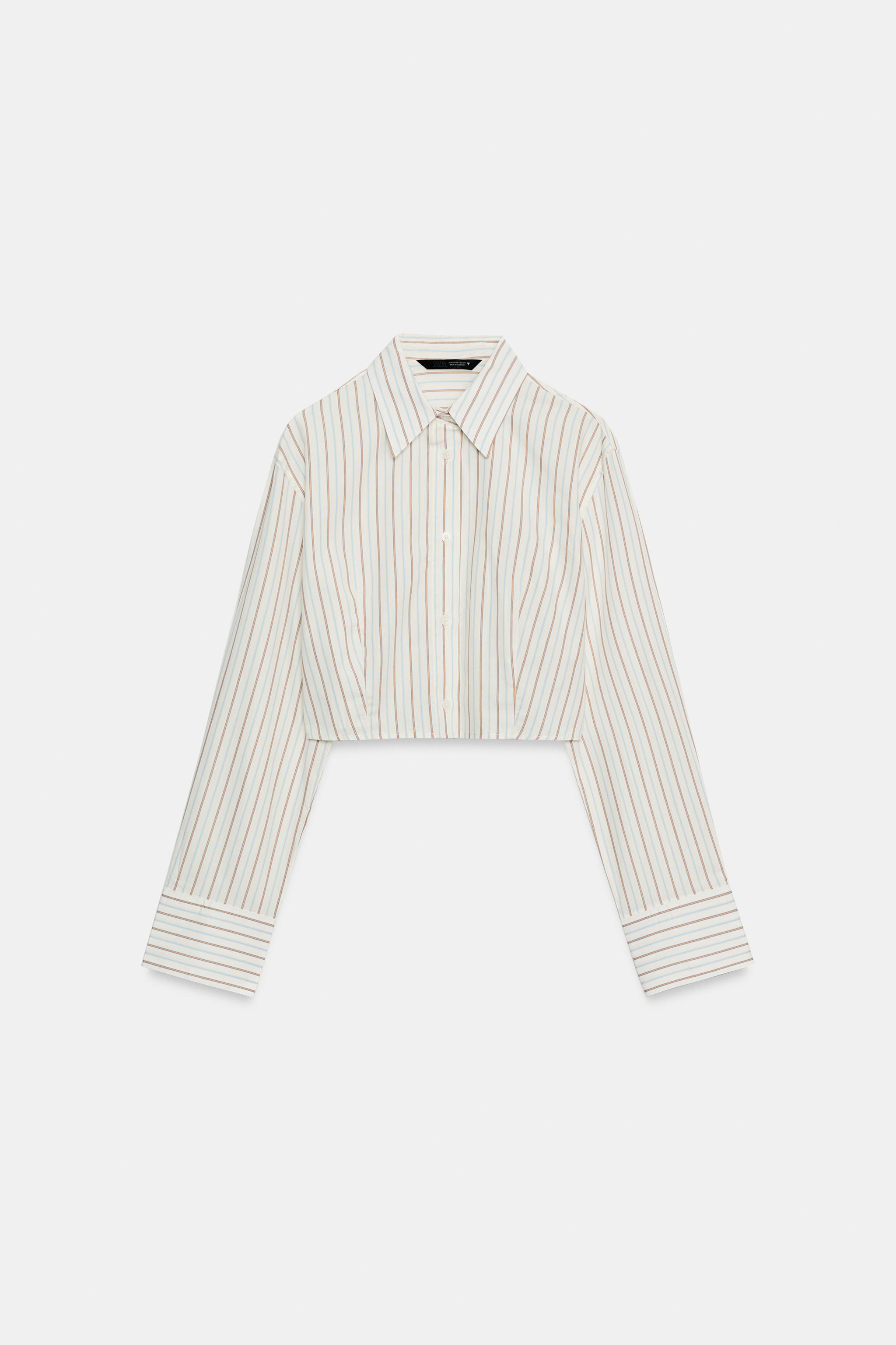 STRIPED POPLIN CROPPED SHIRT — Brown / White