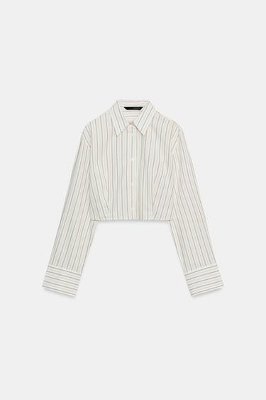 Zara STRIPED POPLIN CROPPED SHIRT - Brown / White