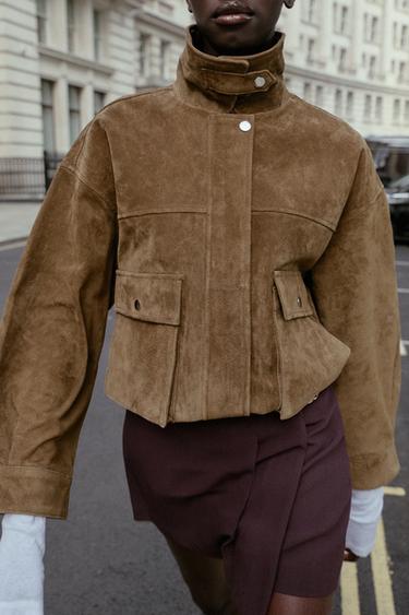 CAZADORA BOMBER 100% PIEL - Khaki de Zara