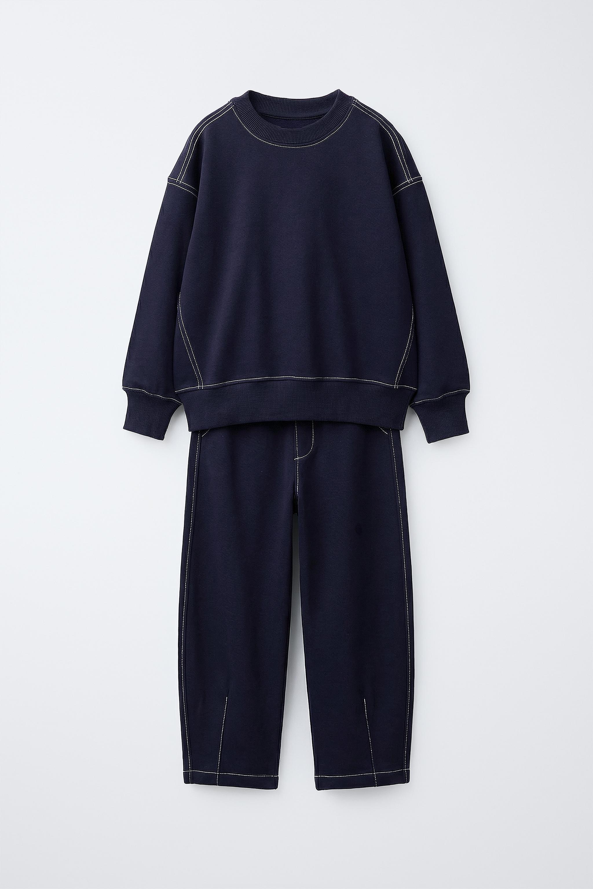 パンツ ZARA STUDIO COLLECTION TOP STITCH NAVY TOPSTITCH PLUSH SWEATSHIRT AND PANTS SET - Navy blue | ZARA United