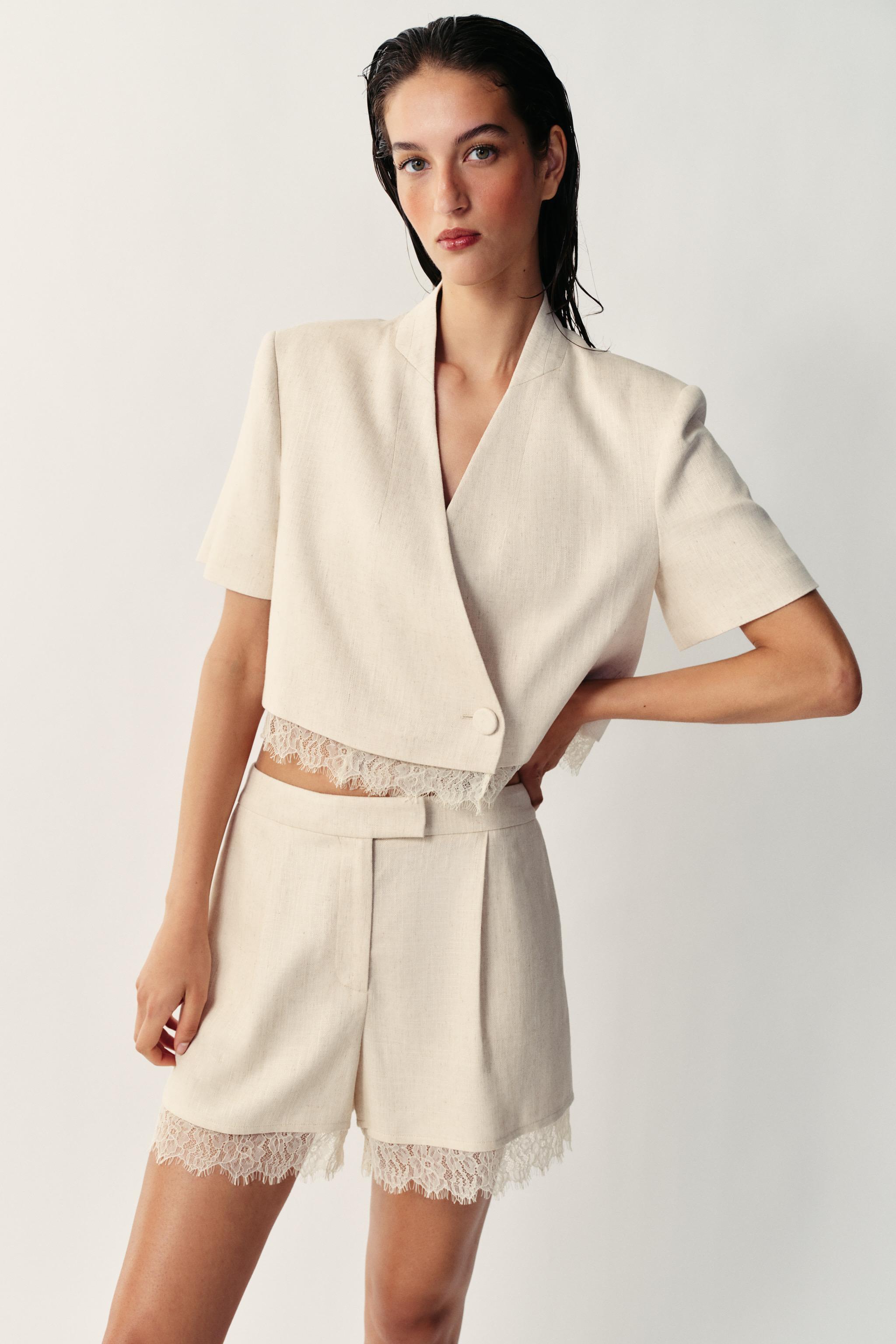 Женские пиджаки Zara LACE TRIM CROPPED BLAZER — фото 2