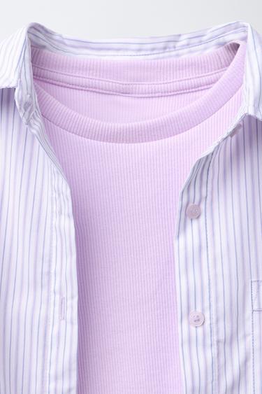 PACK CHEMISE EN POPELINE RAYÉE AVEC T-SHIRT CÔTELÉ - Mauve de Zara - Image 4