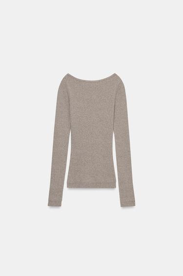 T-SHIRT COL BATEAU CÔTELÉ - Kaki chiné de Zara - Image 3