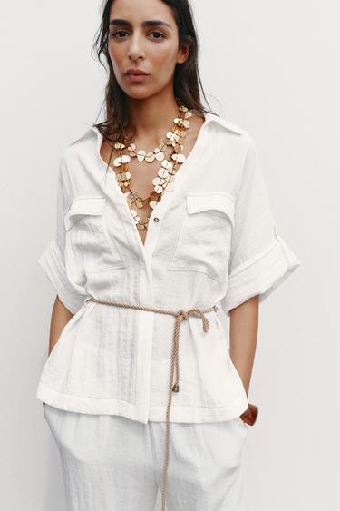 BELTED SAFARI SHIRT - Oyster-white by Zara - Image 1
