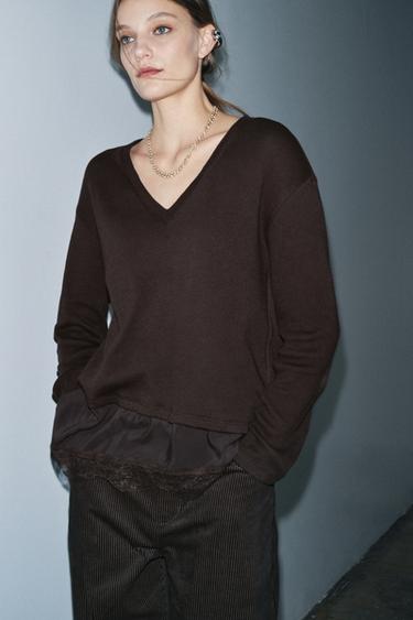 Zara COMBINATION LACE T-SHIRT - Brown