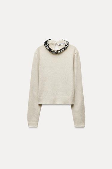 BEADED COLLAR KNIT SWEATER - Ecru by Zara