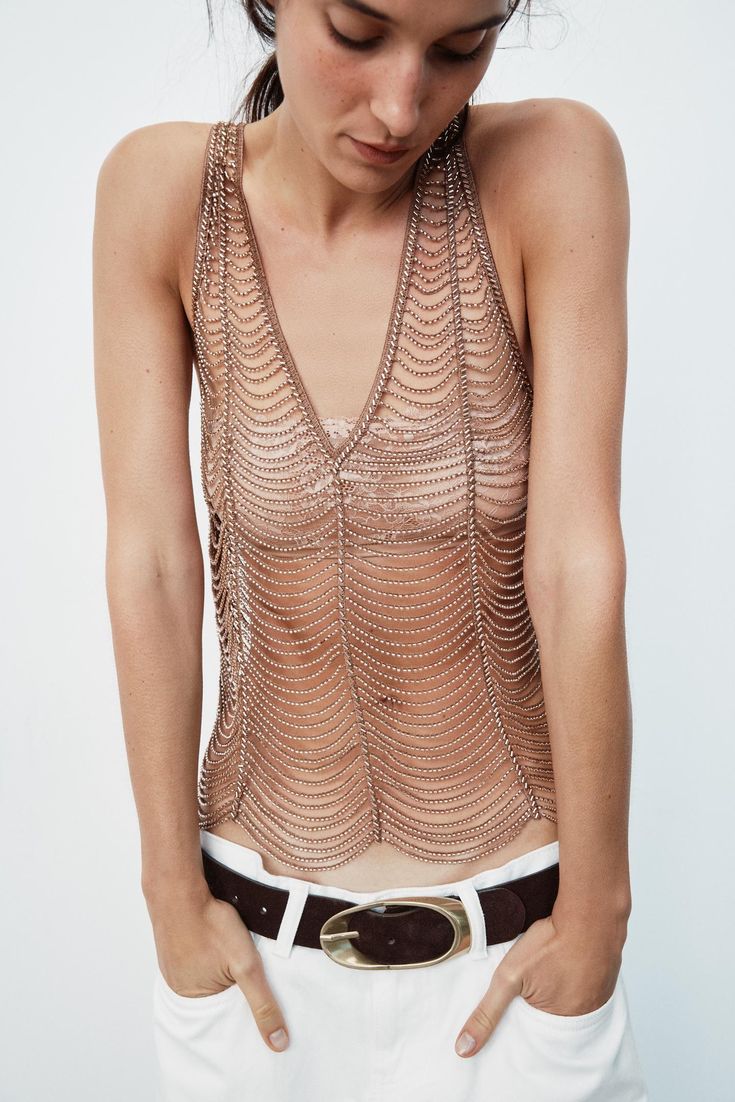 Женский топ Zara Beaded Strappy Top, цвет: Золотой — фото 2