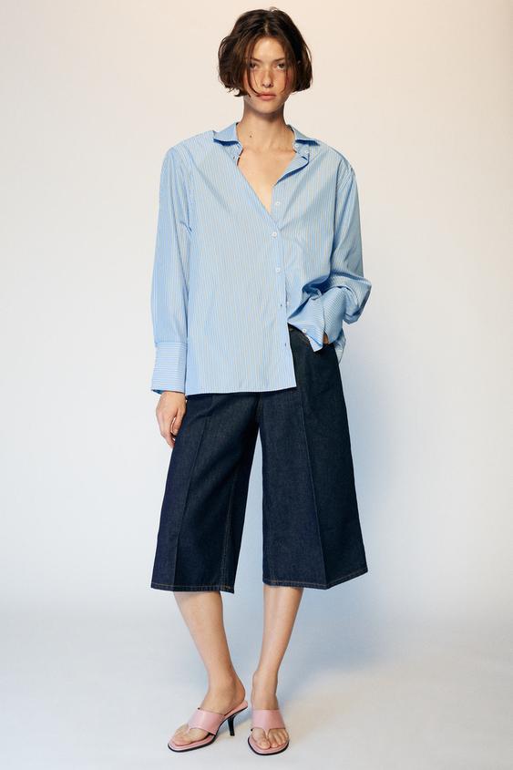 CAMISA RAYAS POPELÍN HOMBRERAS - Azul / Blanco de Zara - Imagen 0