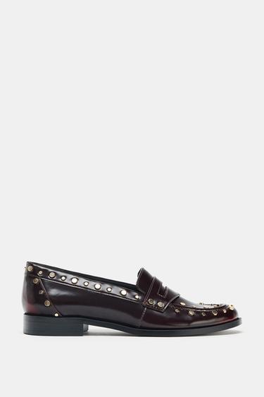 Zara STUDS DETAIL LOAFERS - Burgundy Red