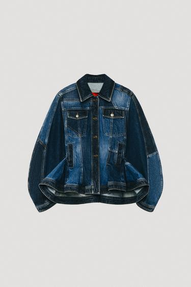 Zara LIMITED EDITION PATCHWORK PEPLUM DENIM JACKET - Blue