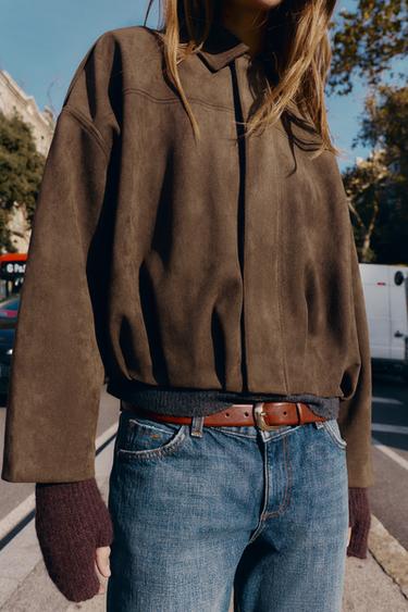 Zara SUEDE EFFECT BOMBER JACKET - Dark brown