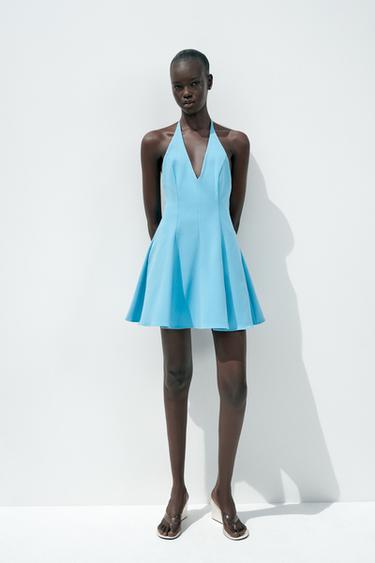 Zara HALTER GODET SHORT DRESS - Blue - Image 0