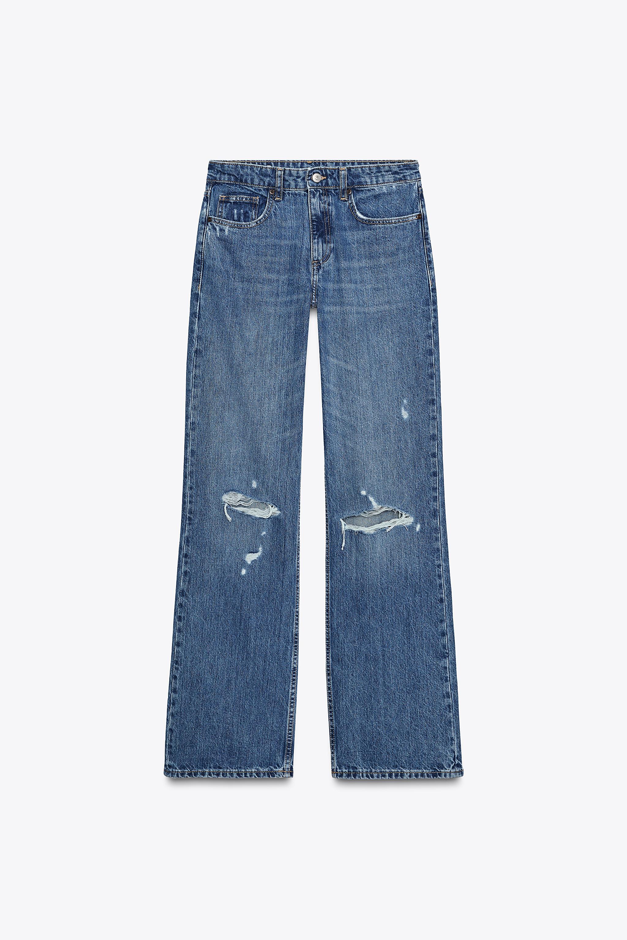 ZARA Rigid Baggy Denim ダークリジッドデニム ダメージ加工リラックスバギーフィットジーンズ - ブルー | ZARA