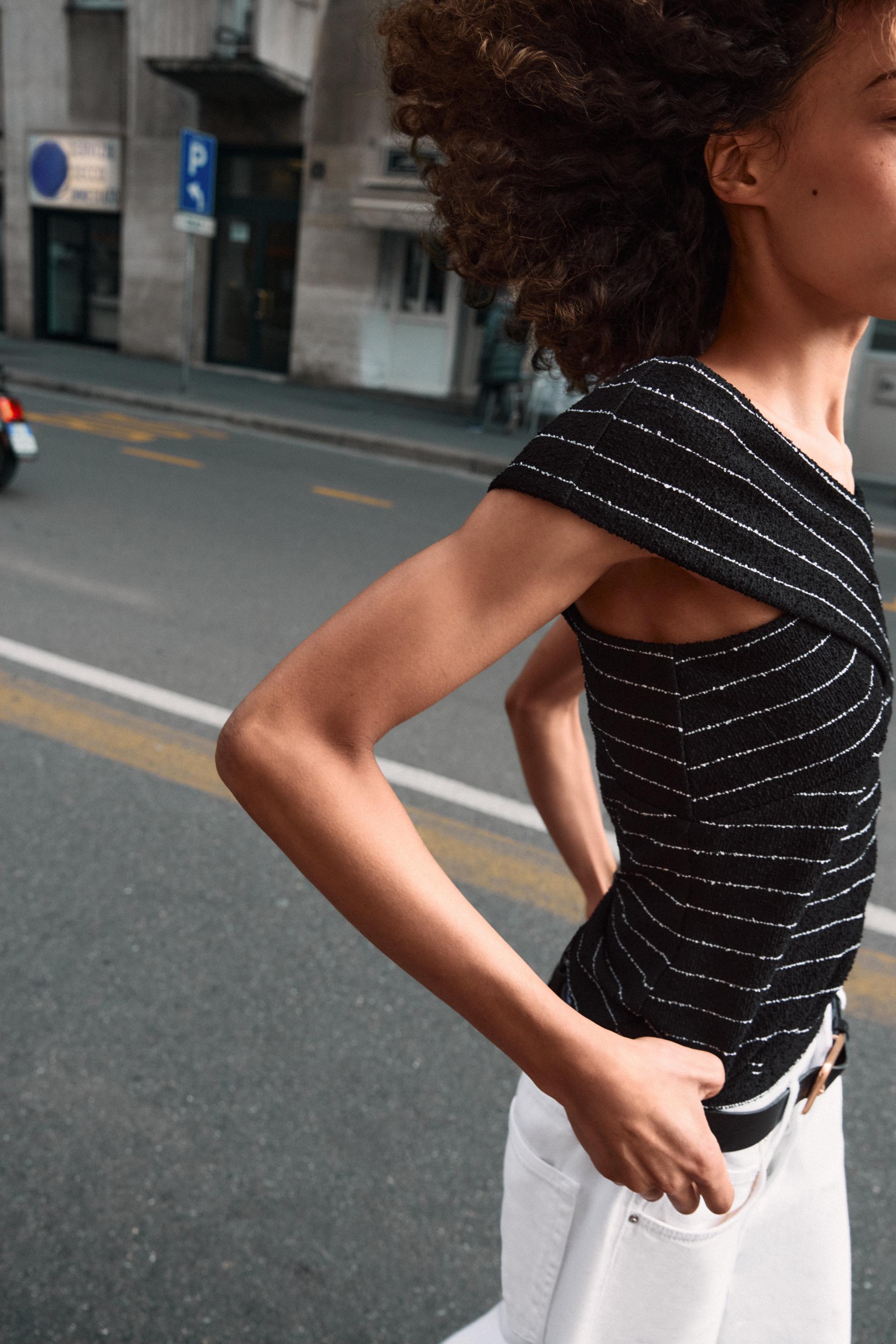 BOUCLÉ WRAP TOP - White / Navy | ZARA United States