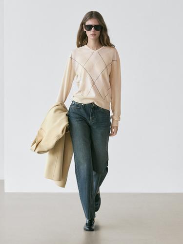 Zara 100% wool Argyle knit sweater - Ecru - Image 0