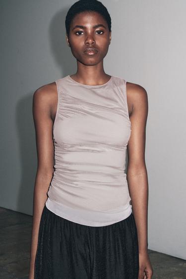 Zara DOUBLE TULLE EFFECT T-SHIRT - Brown / Taupe