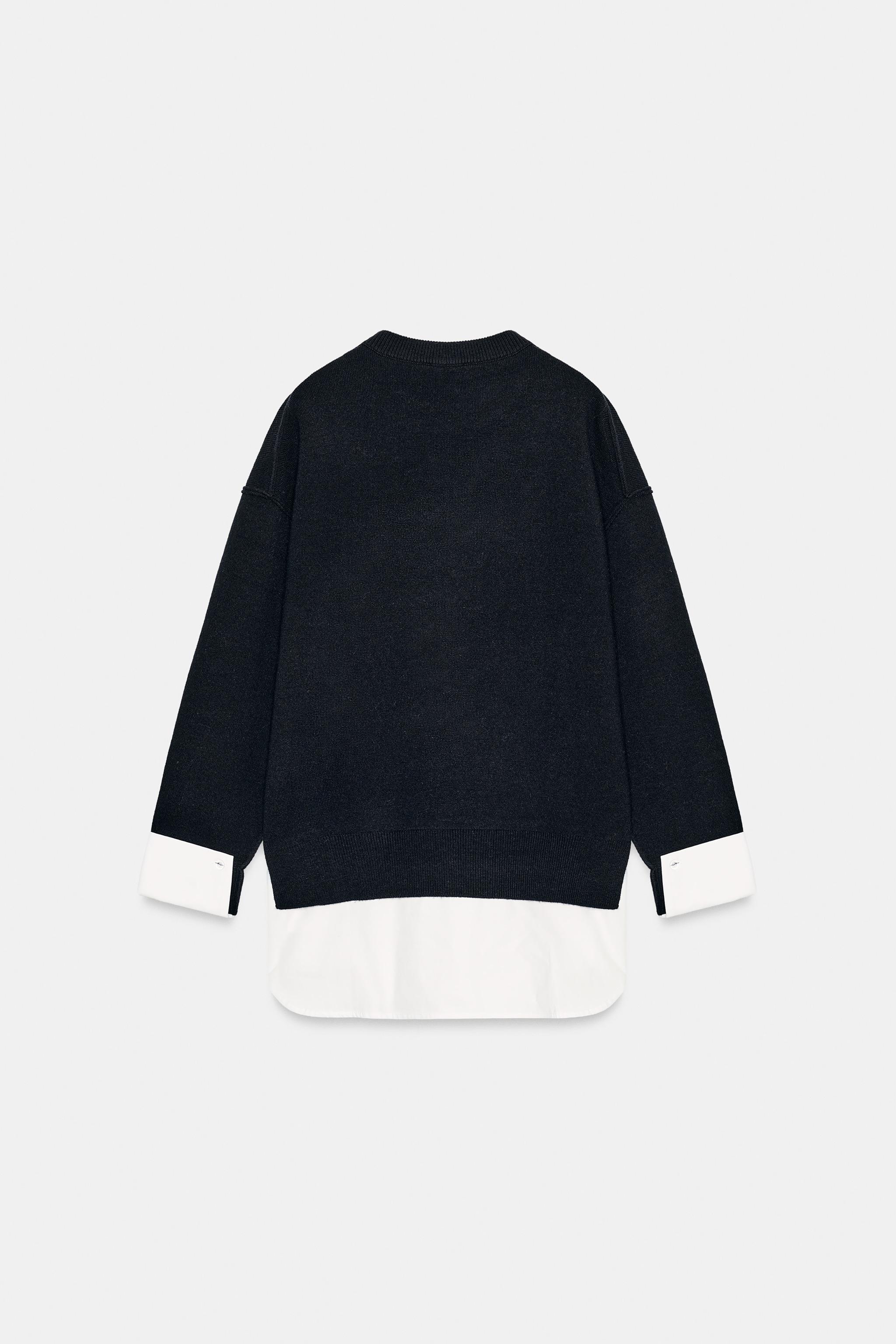 ポプリン切り替えニットセーター - ネイビーブルー/ホワイト | ZARA