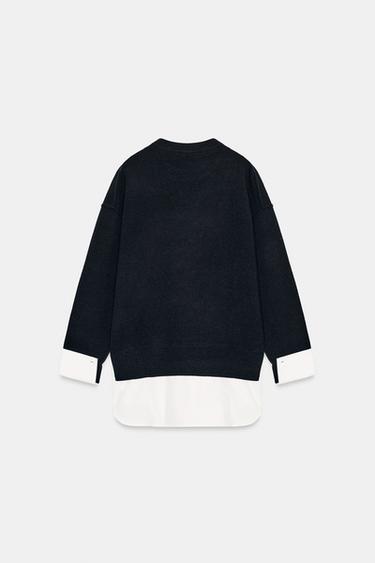 PULL EN MAILLE BIMATIÈRE POPELINE - Bleu marine / Blanc de Zara - Image 6