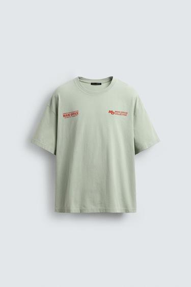 T-SHIRT LAVÉ À INSCRIPTIONS IMPRIMÉES - Vert d'eau de Zara