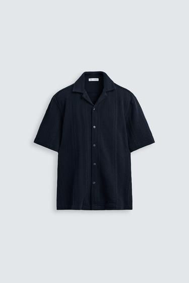 Zara STRIPED JACQUARD SHIRT - Navy blue