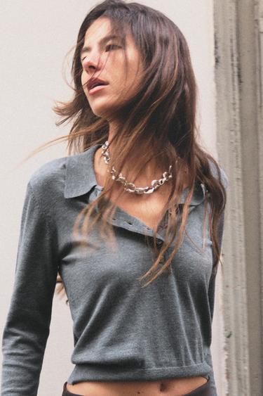 PULL POLO EN MAILLE UNIE - Gris chiné de Zara - Image 4
