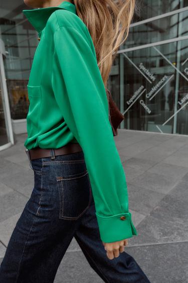 SATIN SHIRT WITH POCKET - Green by Zara - Image 2