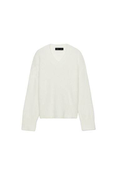 Zara WOOL BLEND V-NECK JUMPER - Ecru