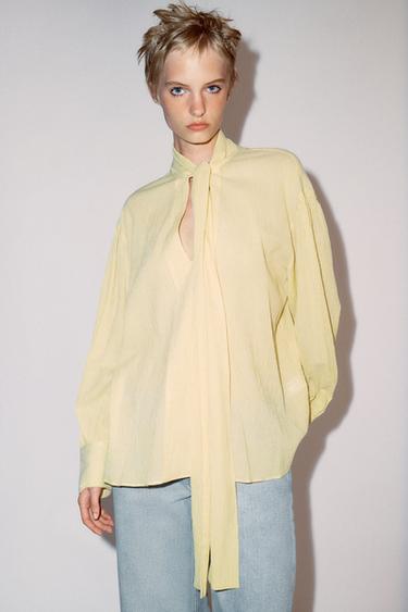 Zara ZW COLLECTION STRIPED TIE-FRONT SHIRT - Yellow